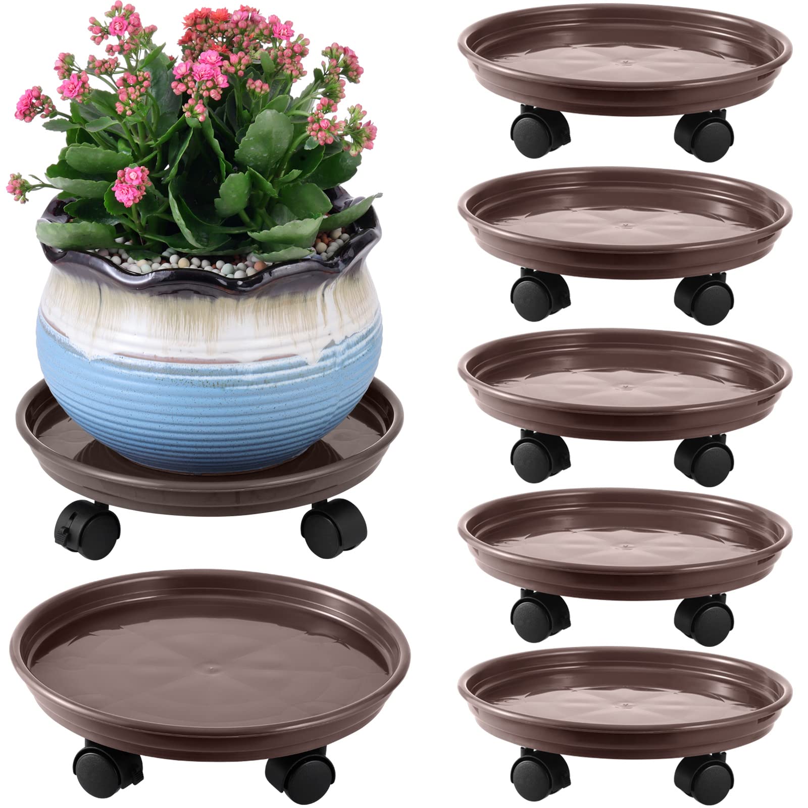 plastic rolling plant caddy 6 Packs Plastic Plant Caddy with Casters 12” Plant Dolly Heavy Duty Rolling Plant Stand, Brown