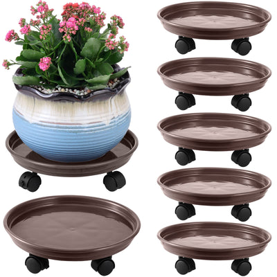 6 Packs Plastic Plant Caddy with Casters 12” Plant Dolly Heavy Duty Rolling Plant Stand, Brown planterhoma