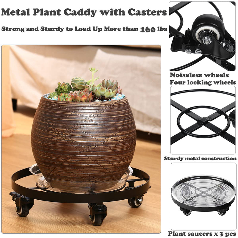 3 Packs Large Metal Plant Caddy 12.6” Plant Dolly with Wheels Heavy Duty Iron Rolling Plant Stand planterhoma