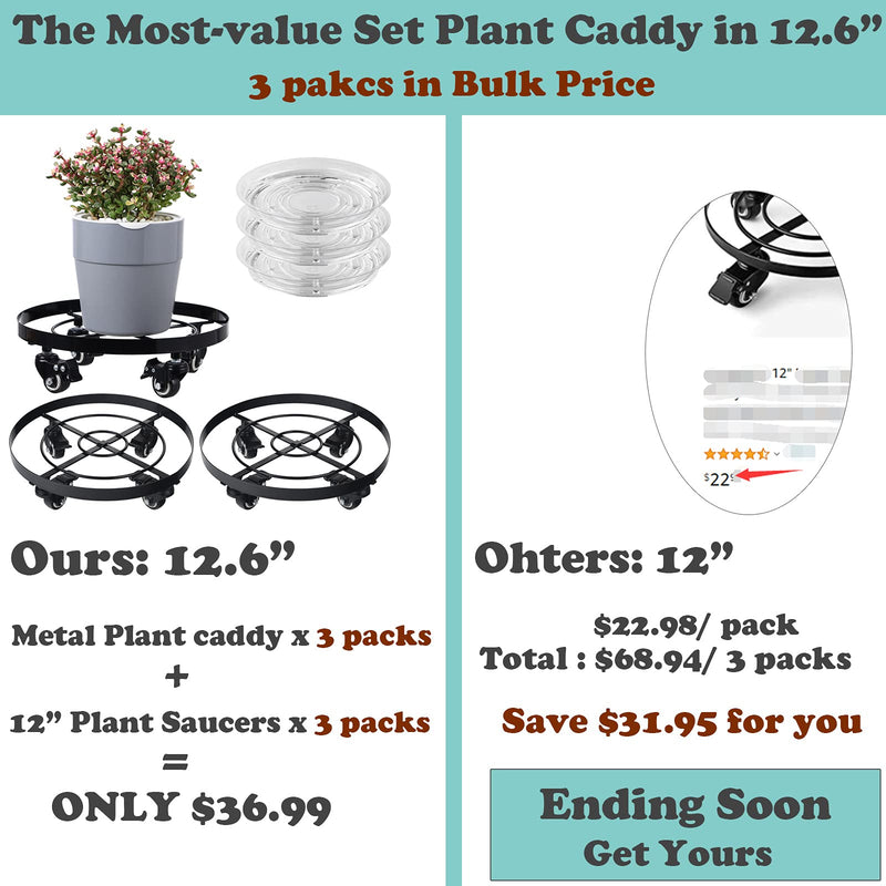 3 Packs Large Metal Plant Caddy 12.6” Plant Dolly with Wheels Heavy Duty Iron Rolling Plant Stand planterhoma