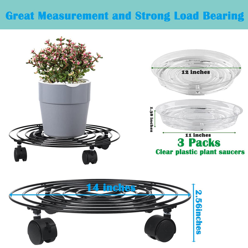 3 Packs Large Metal Plant Caddy 13.8” Plant Dolly with Wheels Heavy Duty Iron Rolling Plant Stand planterhoma